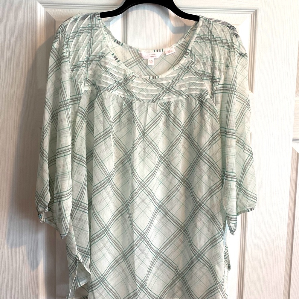 LC LAUREN CONRAD SHEER BLOUSE-White/Gray/Green Soft Plaid in Size XXL